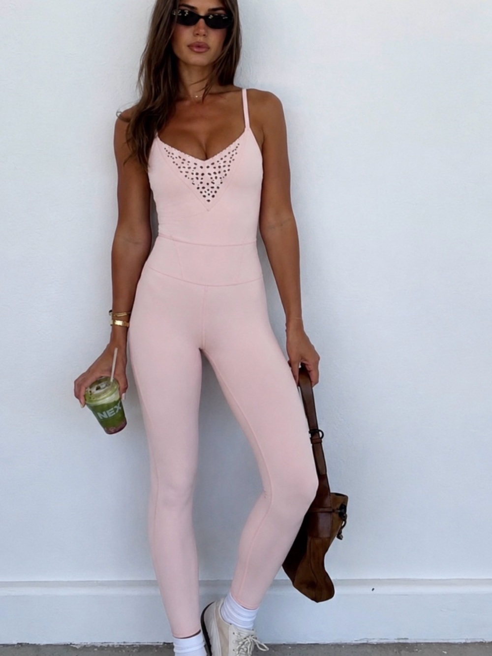 Free People Movement Blush Pink Spaghetti-Strap Jumpsuit with Eyelet Detail Med